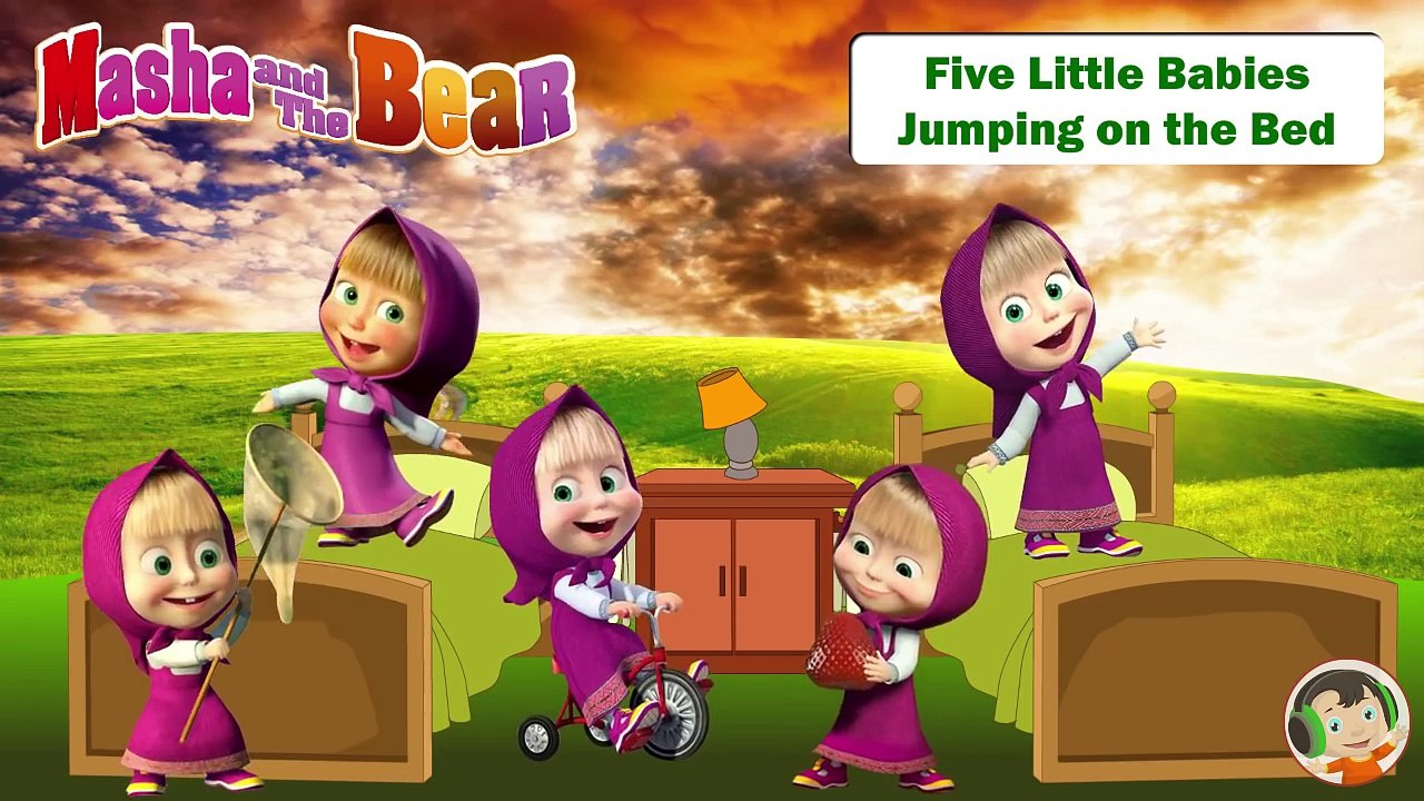 Five Little Masha Jumping on the Bed. Nursery Rhymes Lyrics by Dancing Kids TV