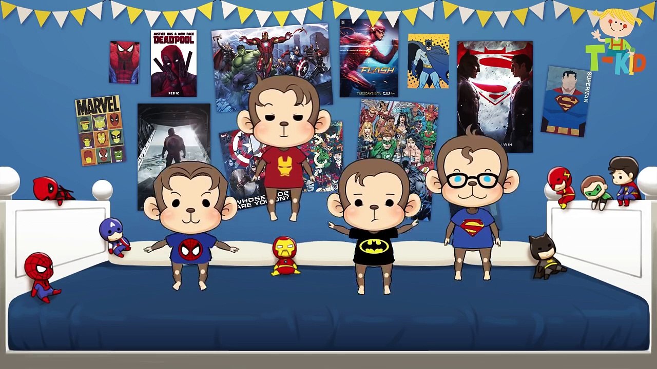Five Little Monkeys Jumping On The Bed 5 Monkey SuperHero Kid Song from T-KID Nursery Rhymes