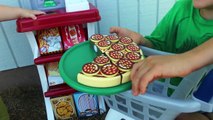 GIANT PLAY Grocery Store Funny Baby Buys Cookies   Pizza Pretend Play Food Cart Kids Video