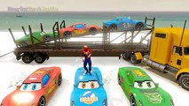 Spiderman & Hello Kitty Car for Kids Dinoco Lightning McQueen Hulk on Car Transporter Cart