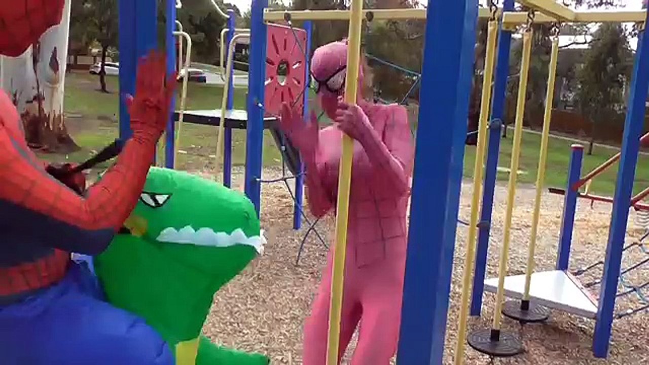 Spider Man and Spider Girl RACE! T-REX Unicorn Shark Bad Joker In Fun Playground Video Com