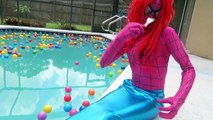 Ariel Little mermaid, Spiderman, Joker & Catbaby toilet bathroom battle!