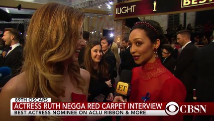 Ruth Negga on the ACLU ribbon she wore on the red carpet