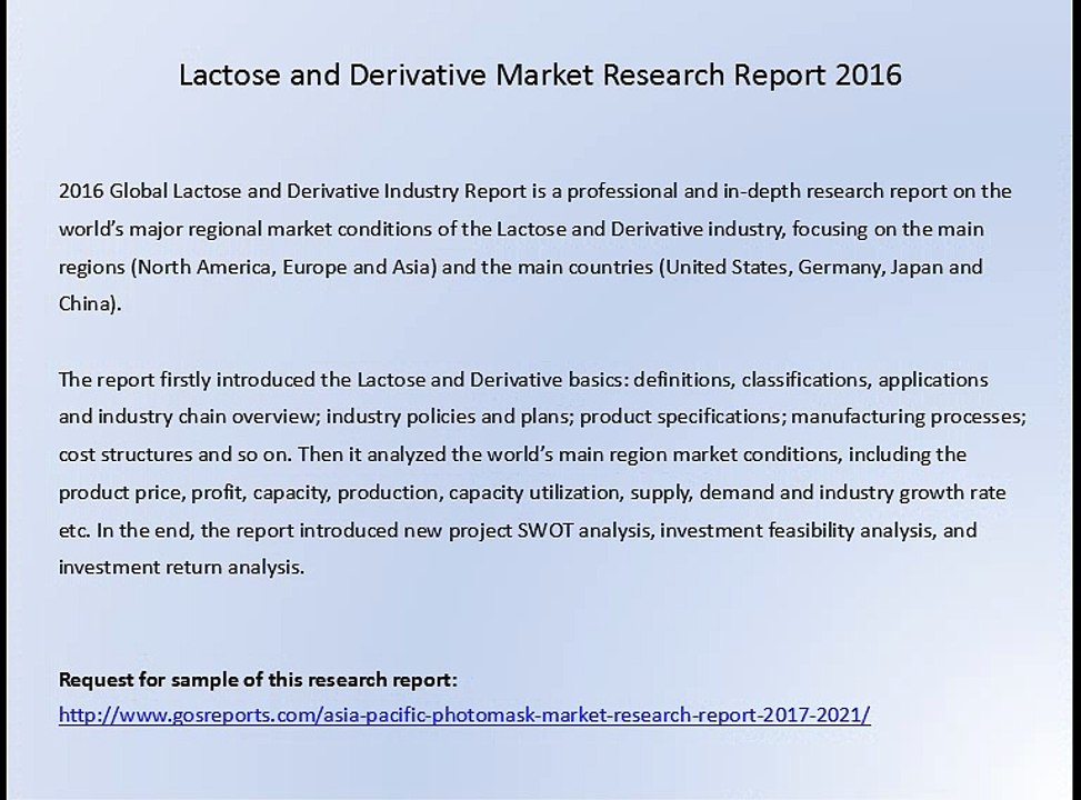 Lactose and Derivative Market Research Report 2016