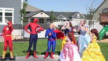 Superbaby and Supergirl vs Spiderman in basketball w/ Disney Princesses Ariel Belle & Kid