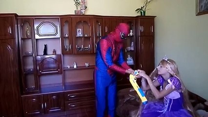 Spiderman kiss Princess Rapunzel. Joker with scissors - Funny Superhero Movie in Real Life