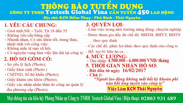 Công ty TNHH YesTech Global tuyển dụng gấp 450 Nhân viên sản xuất 2017