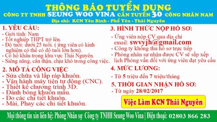 Công ty TNHH Seung Woo Vina tuyển dụng nhiều vị trí tháng 3 năm 2017
