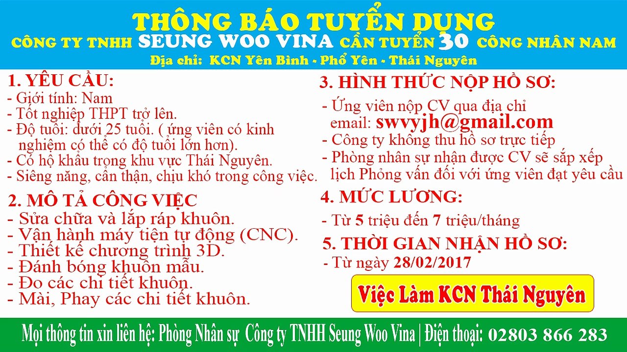 Công ty TNHH Seung Woo Vina tuyển dụng nhiều vị trí tháng 3 năm 2017