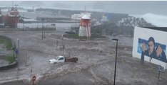 Waves Flood Harbor of Town in Azores During Storm