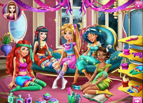Игры для девочек онлайн—Пижамная вечеринка Принцессы Диснея—Смотреть Мультфильмы Игры Для Детей
