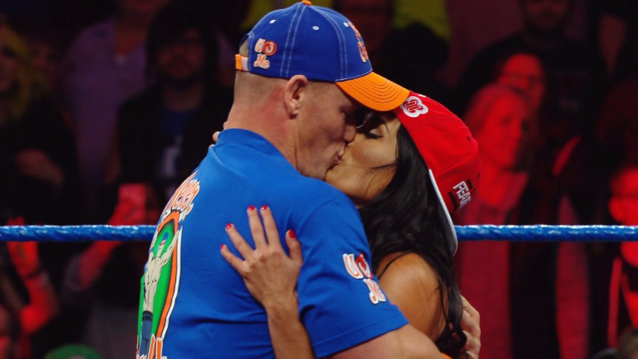 John Cena and Nikki Bella kiss on SmackDown LIVE