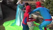Spiderman Car Toys Flying over water! Elsa vs Joker, Catwomen Family fun Superhero Pranks