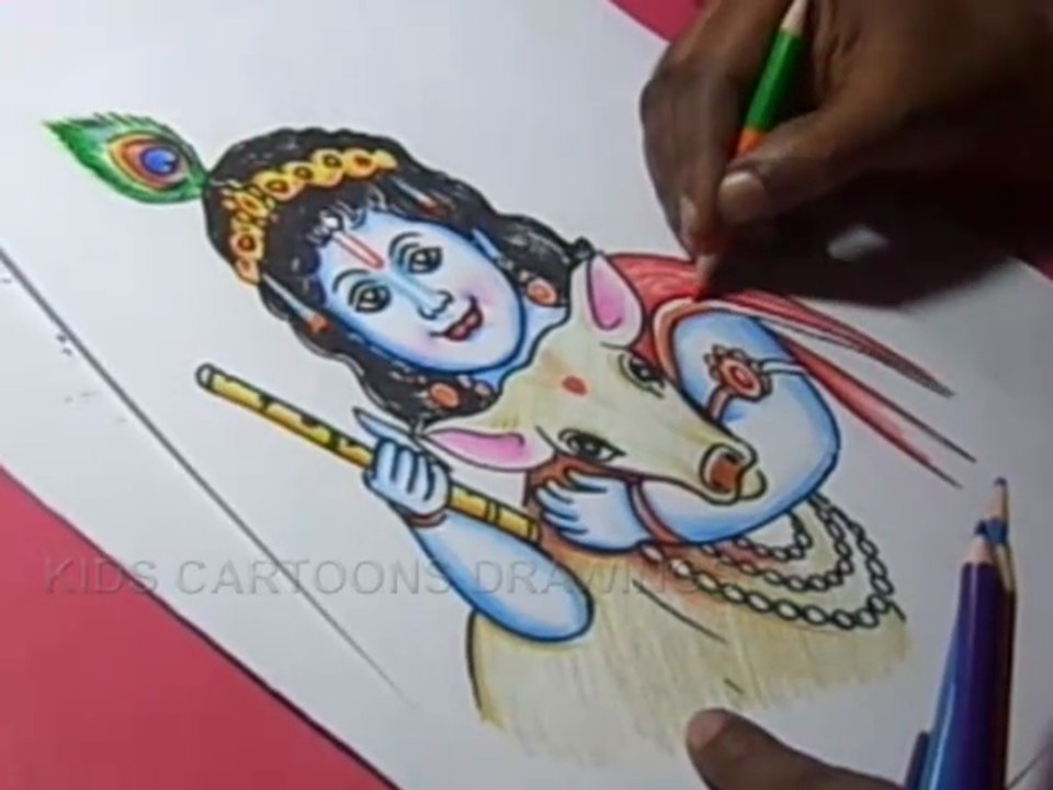 How to Draw Lord Krishna with Cow Color Drawing