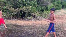 Two Boys Catch Fish in Jungle Using Cambodia Traditional Fishing Tools (Bong Kai)