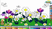 Coloring Pages Spring Flower Garden with Butterfly and Cloud to Learn Colors
