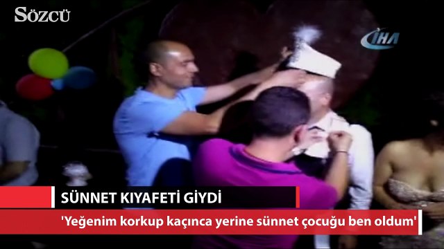 Yeğeninin sünnet kıyafetini giyip takıları topladı