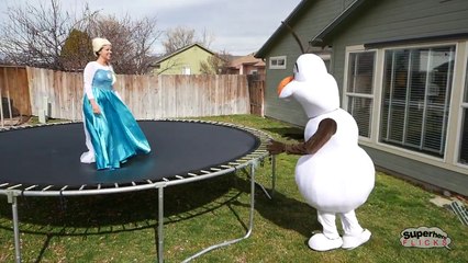 Orange Spiderman vs Giant Olaf and Frozen Elsa - Trampoline Fun Time!! | Real Life Superhe