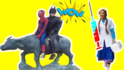 Spiderman, Batman and Deadpool riding buffalo ✦ Anna Princess is Doctor Inject Deadpool