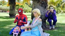 Frozen Elsa POOP PRANK! w/ Spiderman vs Bad Baby Joker Girl Balloons - Superheroes in Real