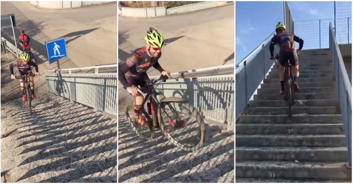Ciclista sobe escadas numa bicicleta de montanha como se nada fosse... INCRÍVEL!