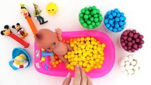 Learn Colors & Counting Baby Doll Bath Time Playing with Pez and Surprise Toys RainbowLearning