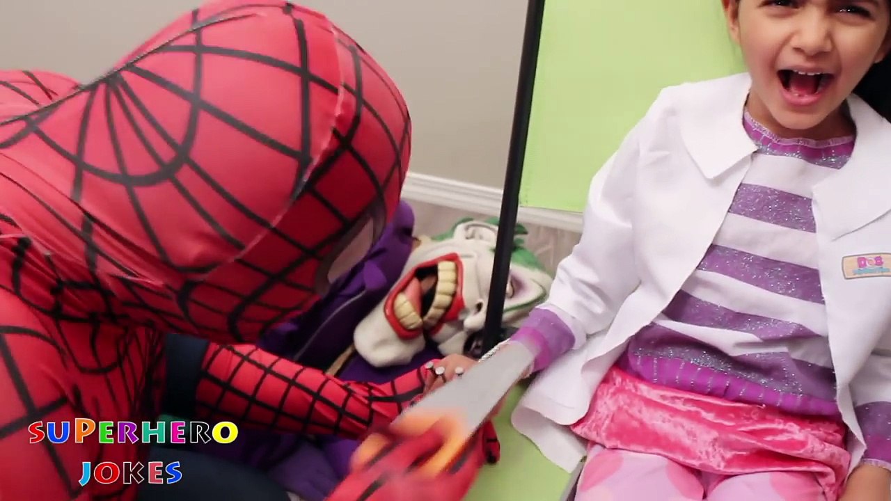 DOC MCSTUFFINS NAILS THROUGH FINGERS! w/ Spiderman, Evil Queen & Joker in Real Life