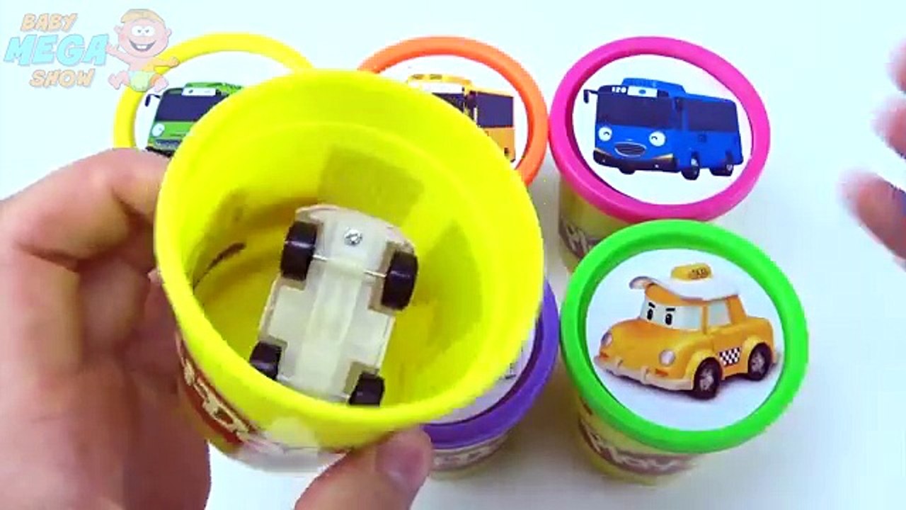 Play Doh Clay Cups Learn Colors Surprise Toys Robocar Poli and The Little Bus Tayo for Kids