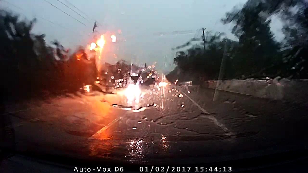 Massive Roadside Lightning Strike During Florida Rain Storm