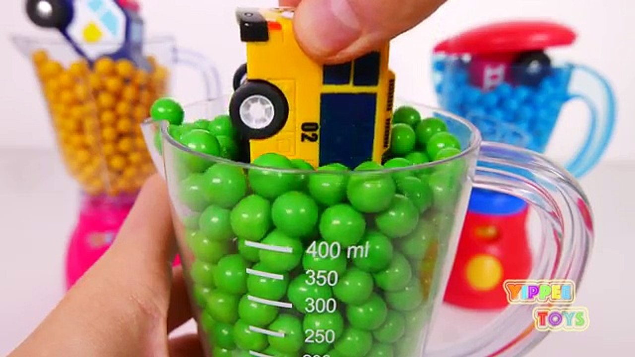 Learn Colors with Blender Candy and Toy Vehicles Fire Truck Bus and Police Car