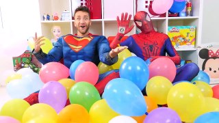 Spiderman vs Superman Balloon Drop Pop Challenge w_ Frozen Elsa Superhero Fun Toys in Real Life-o