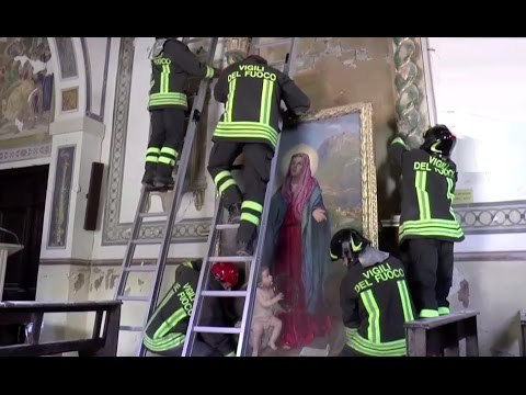 Sorbo di Ussita (MC) - Terremoto, recupero opere in chiesa Santo Stefano (24.02.17)