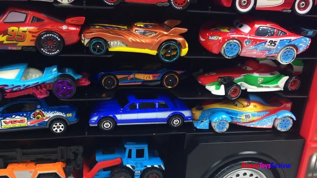 SPEED TRACK CAR CARRIER WITH 9 VEHICLES - HOLDS 46 VEHICLES, DISNEY CARS & HOT WHEELS - UNBOXING-bzhla5OePBE