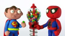 Spiderman vs Superman Bubble Gum Challenge! Gumball machine stop motion Play doh