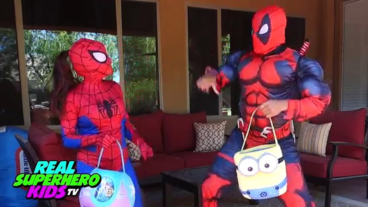 Easter Egg Hunt Surprise Toys Challenge Superheroes Spiderman vs Deadpool REAL SuperHero Kids TV