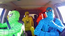 The Amazing Blue Spiderman dancing in a car w green spiderman and orange spiderman and yel