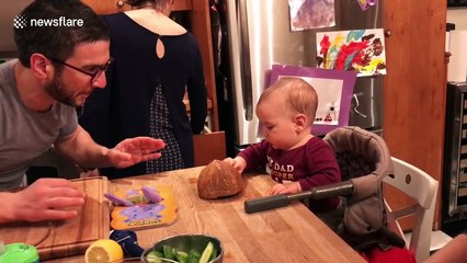 Father explains object permanence phenomenon with cucumbers