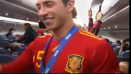 Spain's football team party on their flight home