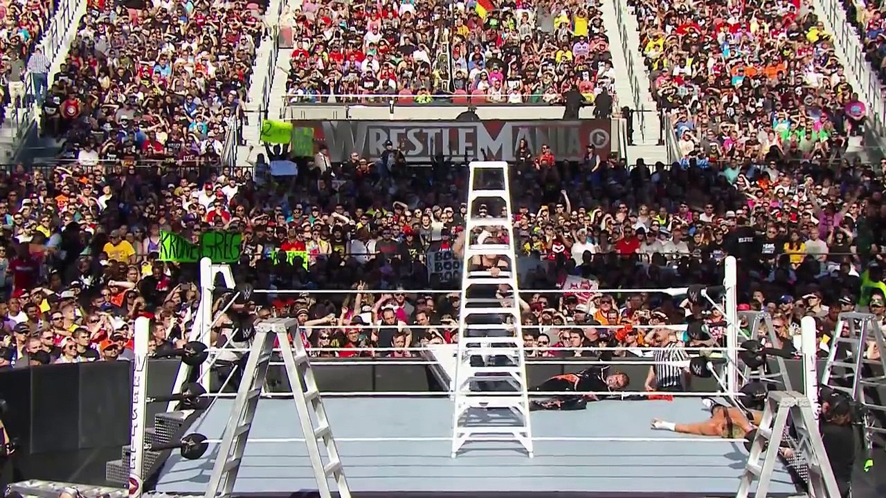 Dean Ambrose's harsh landing onto a ladder- WrestleMania 31 - Intercontinental Championship Match