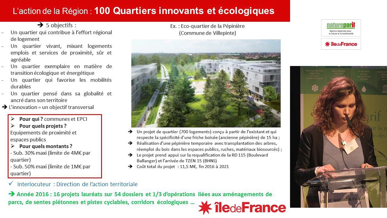 Dispositifs régionaux : 100 quartiers innovants et écologiques, urbanisme transitoire, soutien à l’ingénierie, Plan vert… par Clémence Corbeau et Fabien Paquier, région Île-de-France