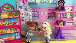 Grocery Shopping! Elsa & Anna kids shop at Barbie's Grocery St