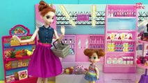 Grocery Shopping! Elsa & Anna kids shop at Barbie's Grocer