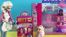 Grocery Shopping! Elsa & Anna kids shop at Barbie's Grocery