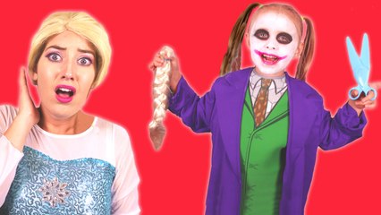 Bad Baby Joker Girl Cuts Frozen Elsa’s Hair! w- Spiderman, Pink Spidergirl, Poison Ivy & Candy -)