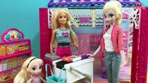 Grocery Shopping! Elsa & Anna kids shop at Barbie's Grocery Store  Barbie Car  Candy Hau