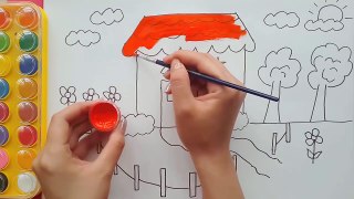 How To Draw and Paint House, Tree In The Garden