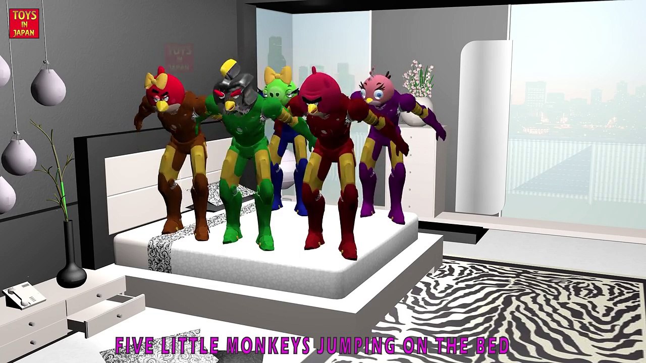 5 Little ANGRY BIRDS - iBIRD - IRONMAN Jumping On The Bed | Nursery Rhymes In 3D Watch 5 L