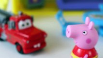 Peppa Pig Catches Fire with Daddy Pig and Disney Cars Fire Truck Mater Toy Teaches Fire Sa