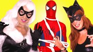 Spiderman vs Catwoman vs Black Cat! w- Frozen Elsa Pink Spidergirl Joker! Superhero Fun in Real Life