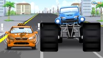 Learn Blue Monster Truck Race In The Big City Cars and truck cartoon compilation